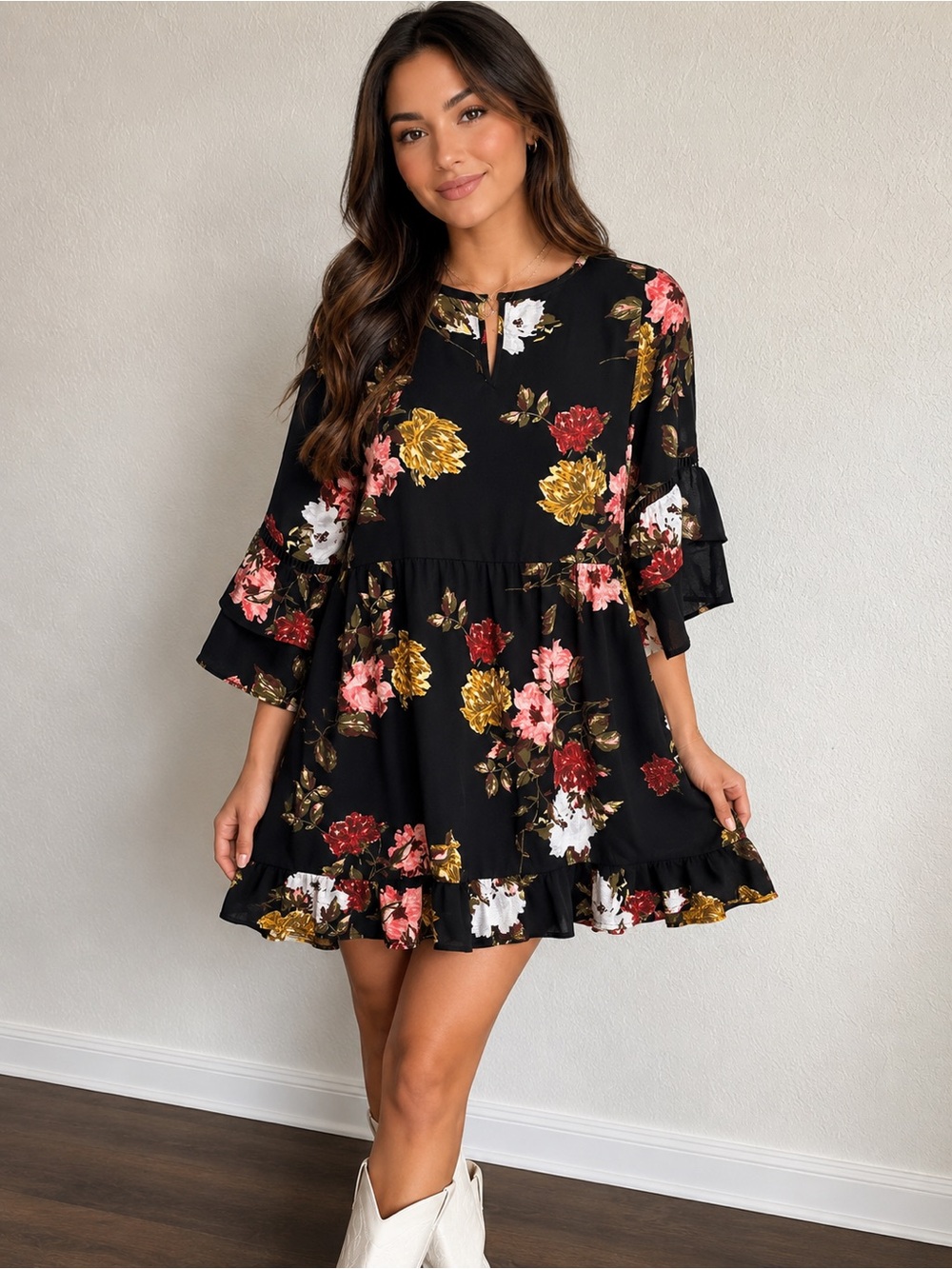 JODIFL Black Floral Ruffle Tiered Mini Dress